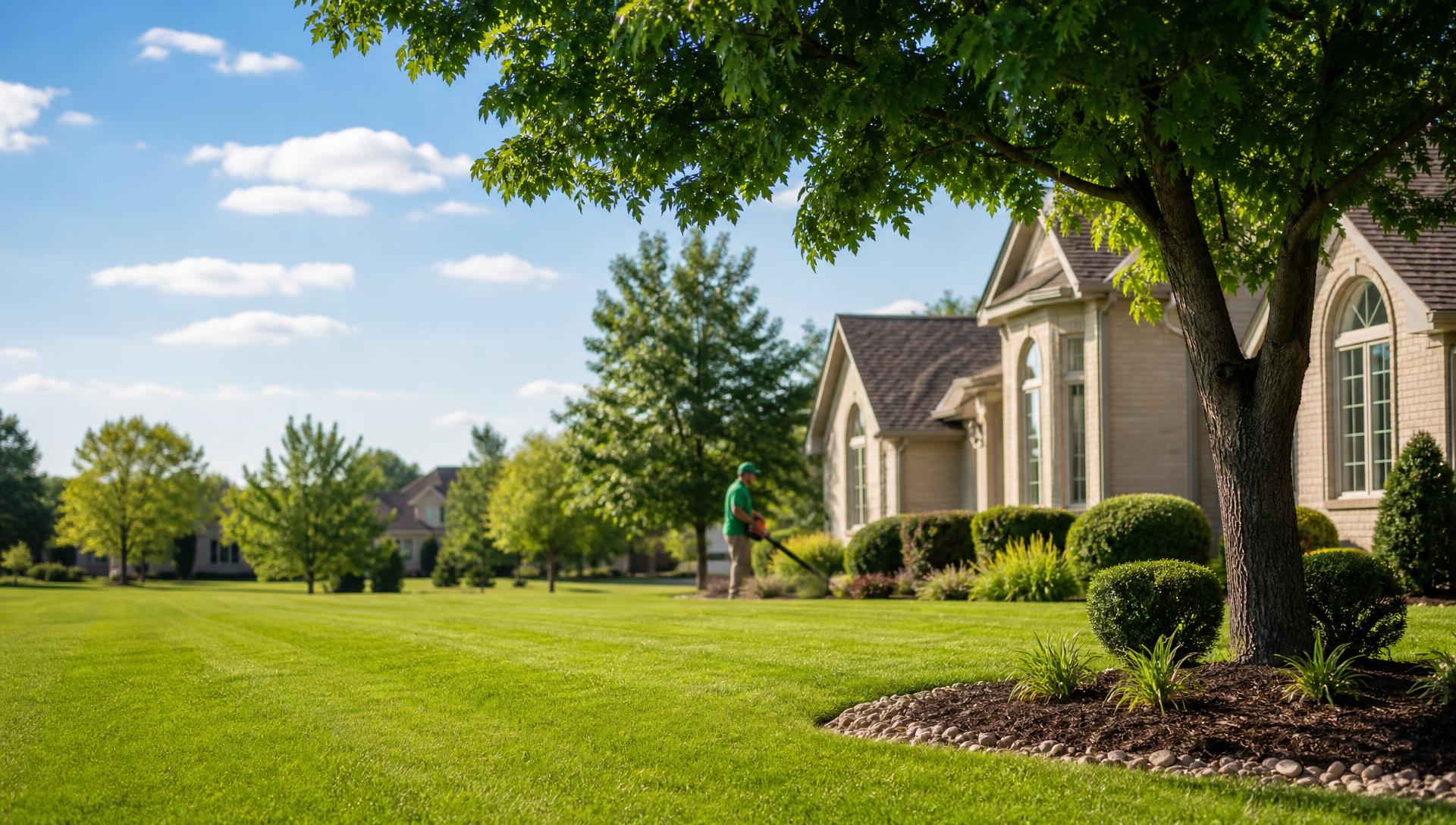 Lush green residential lawn with mature trees and a lawn care professional working in Wichita, KS